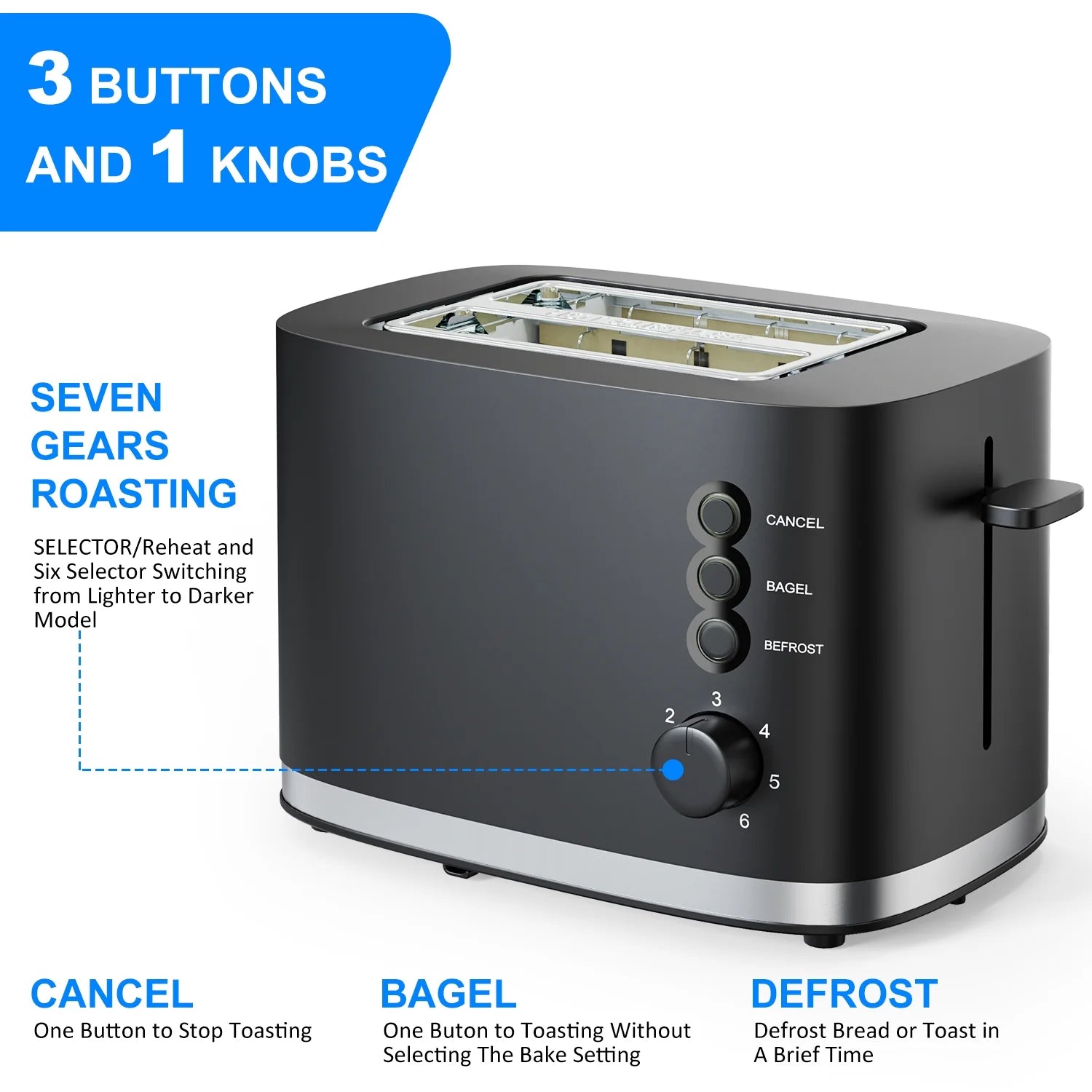 Wide Slot 2 Slice Toaster: Bread Toaster with Removable Crumb Tray, Small Toaster, 6 Bread Shade Settings, Auto-Shutoff, Toast Boost, Cord Storage under Base, Black, 900W