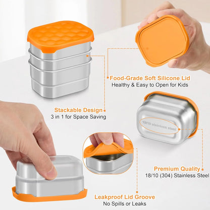 , Dips Condiment Containers, Stainless Steel Food Snack Containers for Kids | Leak Proof 304 Stainless Steel Food Containers with Silicone Lids - Set of 3 (8 Oz Each)