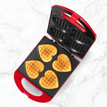 Non-Stick Heart Waffle Maker, Red, 4-Section Heart Shaped Waffle Maker, Red