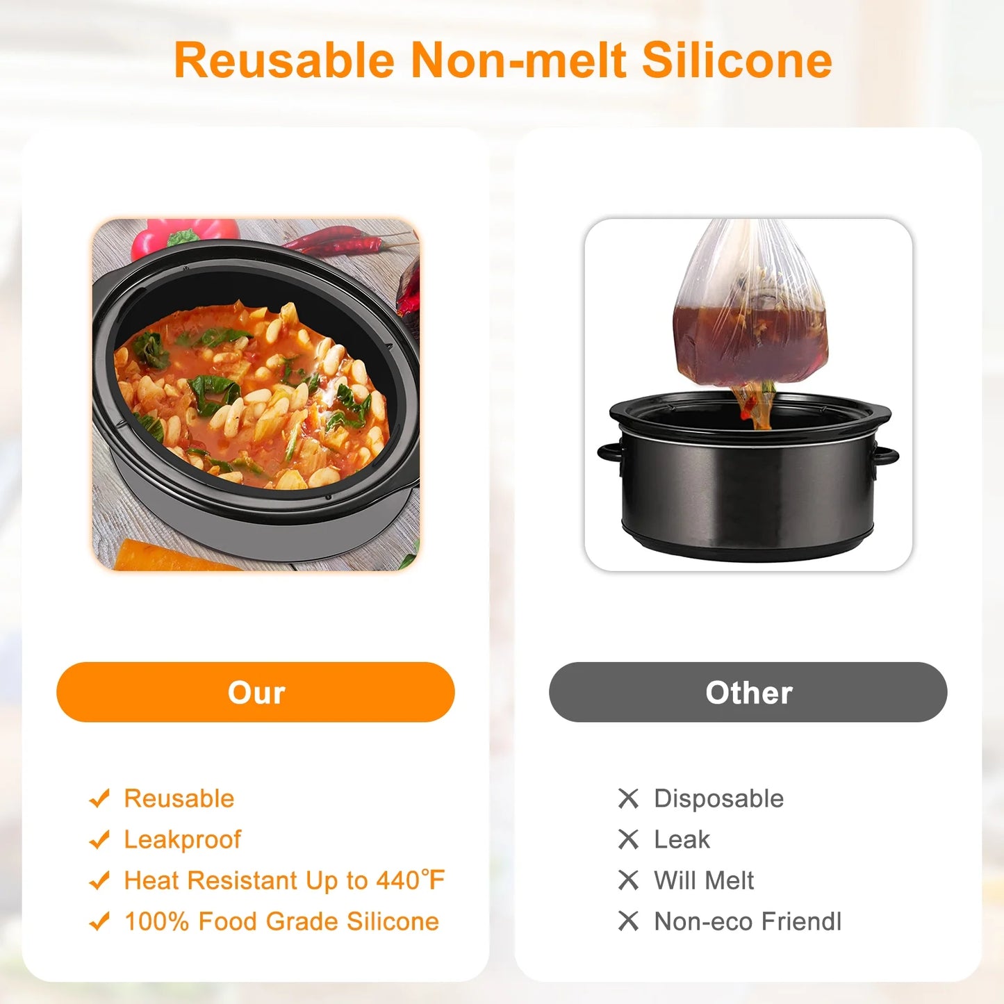 Silicone Slow Cooker Liner for 7-8QT Pot Slow Cooker Silicone Insert Leakproof Heat Resistant Dishwasher Safe Silicone Cooking Liner