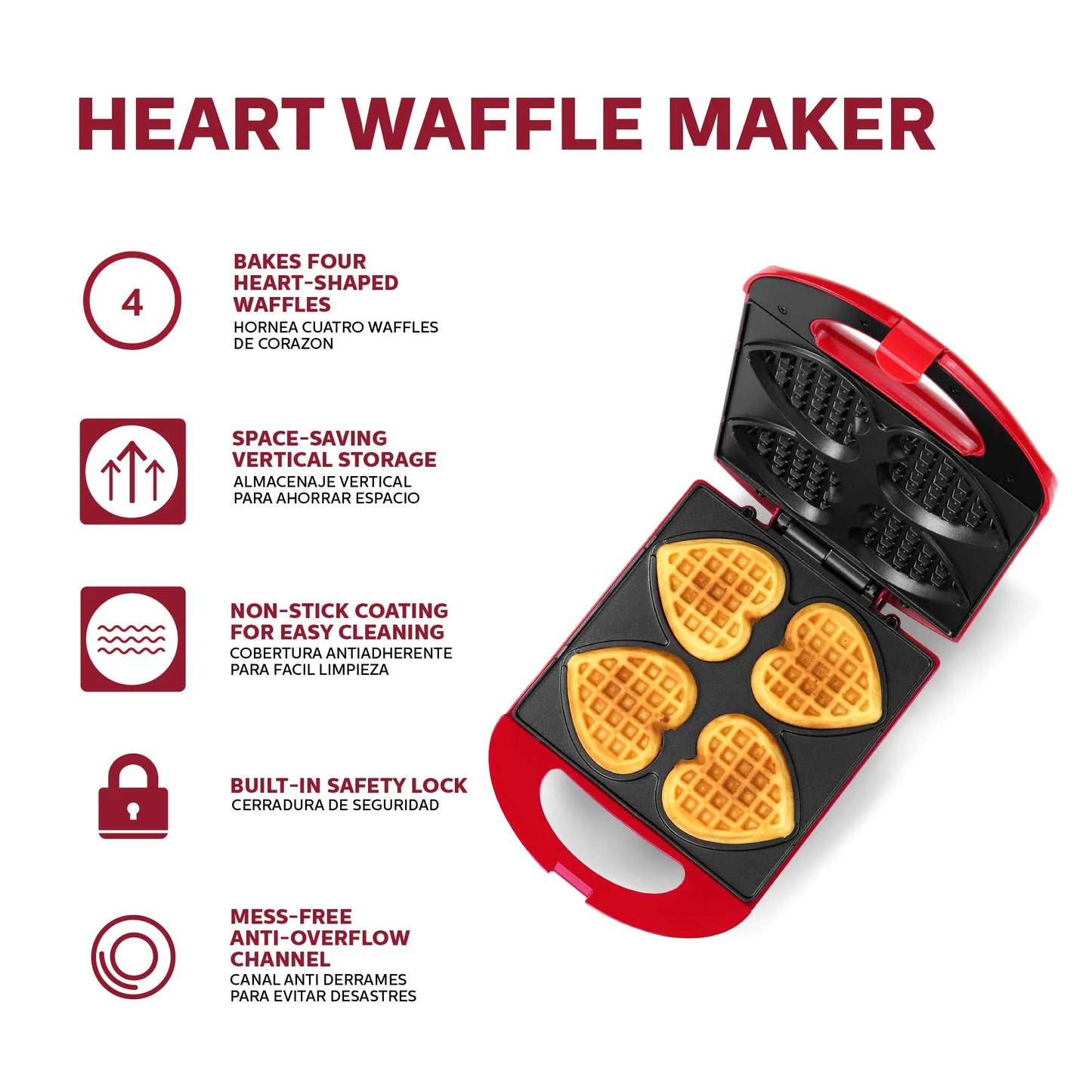 Non-Stick Heart Waffle Maker, Red, 4-Section Heart Shaped Waffle Maker, Red