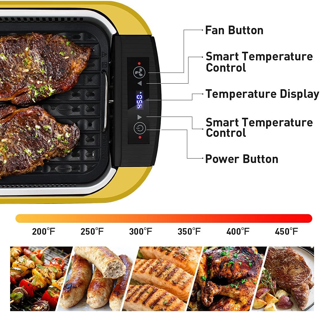 Smokeless Indoor Grill,  1500W Electric Grill, Portable Korean BBQ Grill with LED Smart Display & Tempered Glass Lid, Non-Stick Removable Grill Plate, Yellow