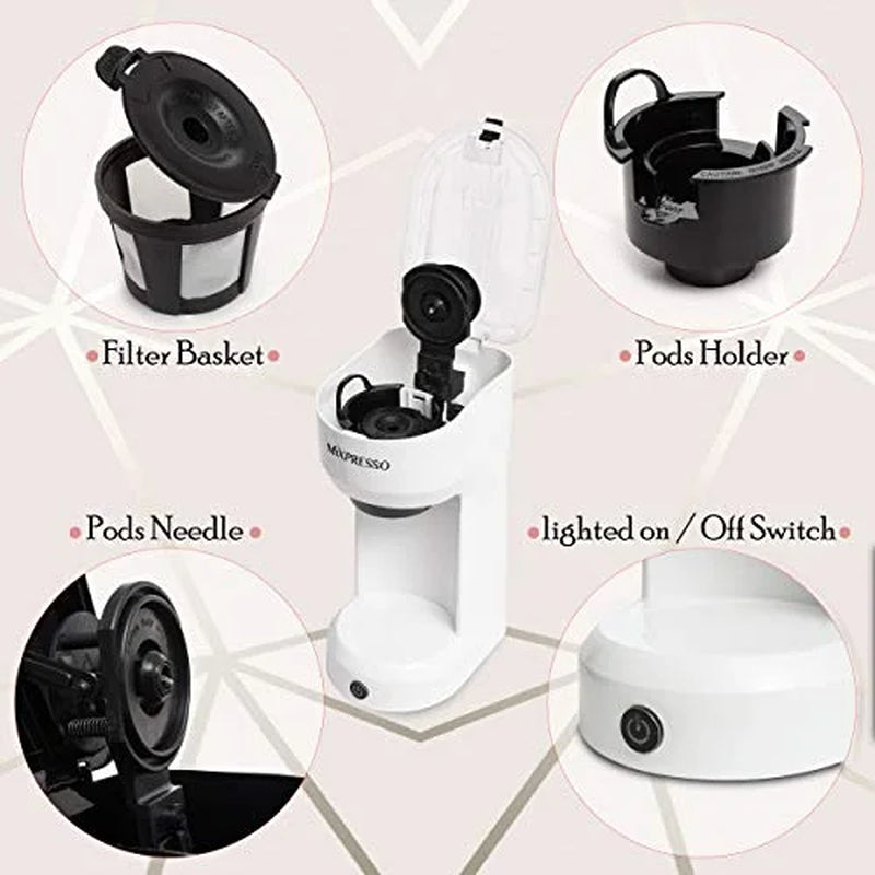 2 in 1 Brewer Single Serve Coffee Maker for K Capsule and Ground Coffee, Single Cup Coffee Machine, Compact Size Mini Coffee Maker Quick Brew Technology 14Oz White One Cup Coffee Maker