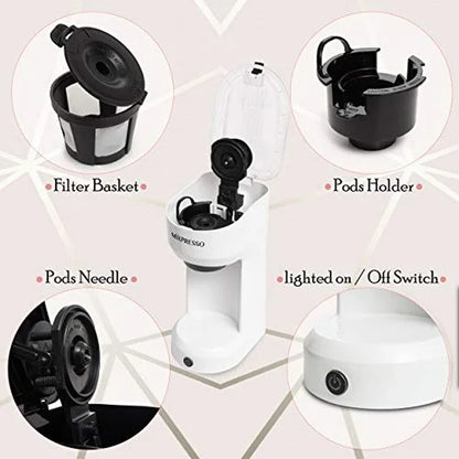 2 in 1 Brewer Single Serve Coffee Maker for K Capsule and Ground Coffee, Single Cup Coffee Machine, Compact Size Mini Coffee Maker Quick Brew Technology 14Oz White One Cup Coffee Maker
