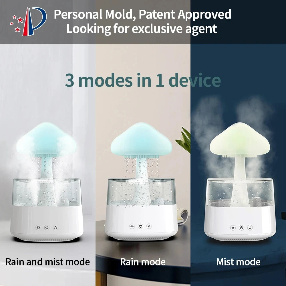 Mushroom Rain Air Humidifier Electric Aroma Diffuser Rain Cloud Smell Distributor Relax Water Drops Sounds Colorful Night Lights