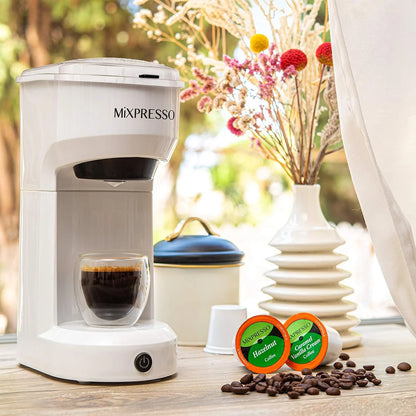 2 in 1 Brewer Single Serve Coffee Maker for K Capsule and Ground Coffee, Single Cup Coffee Machine, Compact Size Mini Coffee Maker Quick Brew Technology 14Oz White One Cup Coffee Maker