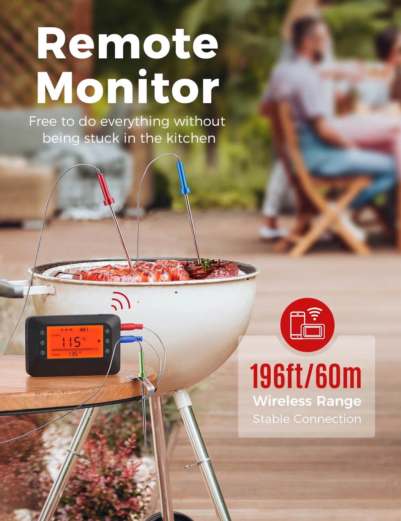 Bluetooth Meat Thermometer with 4 Probes, Grill, Backlight, Remote Monitor