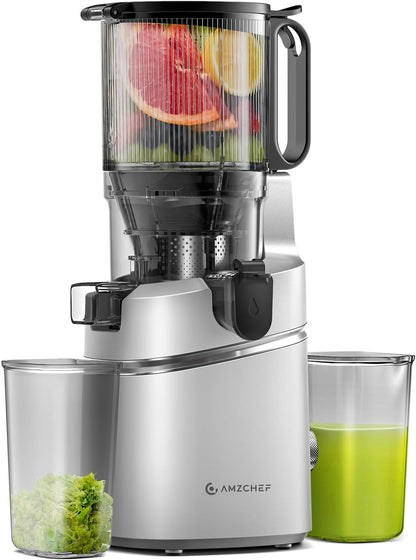 Juicer Machines,  5.3-Inch Self-Feeding Masticating Juicer Fit Whole Fruits & Vegetables, Cold Press Electric Juicer Machines with High Juice Yield, Easy Cleaning, BPA Free, 250W-Silver