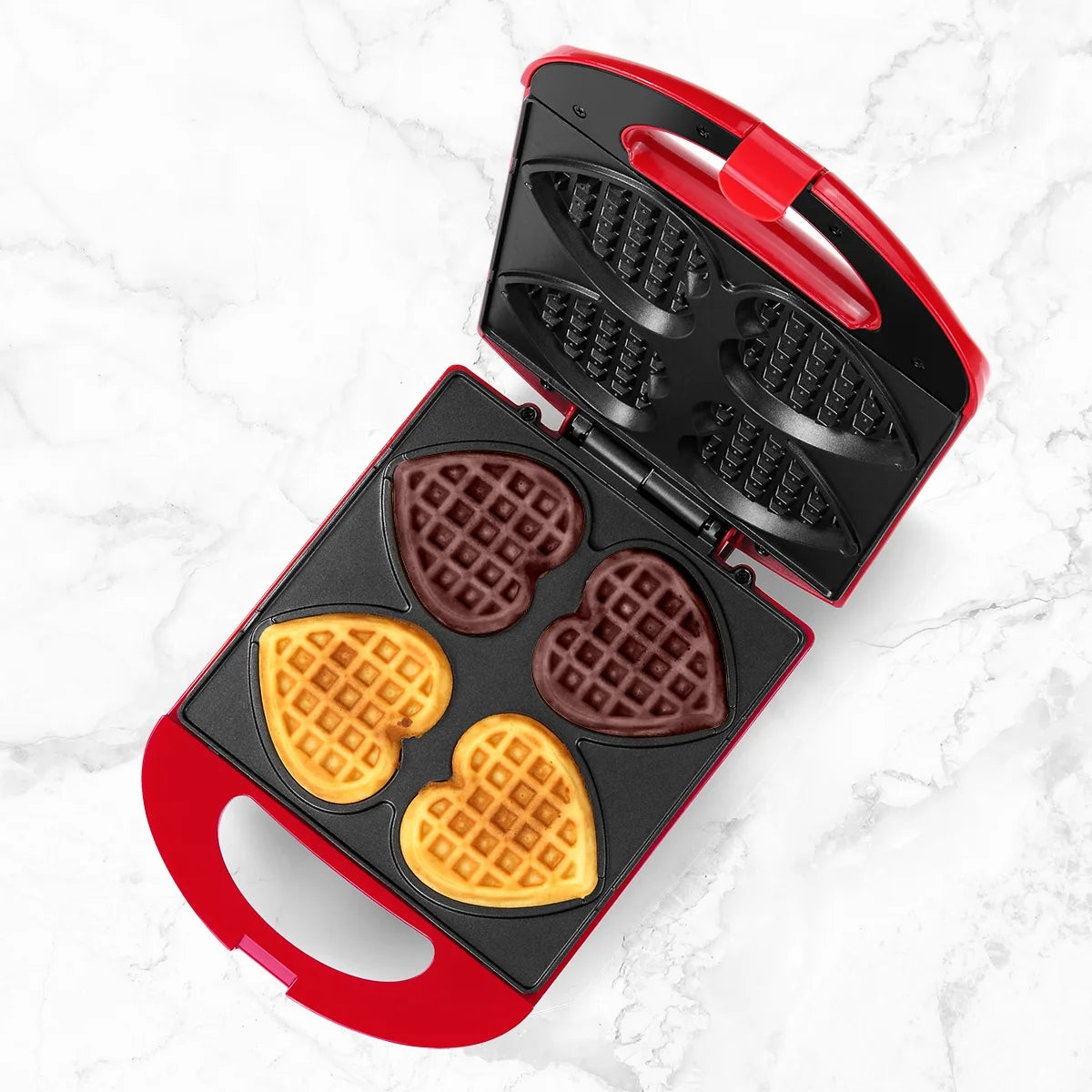 Non-Stick Heart Waffle Maker, Red, 4-Section Heart Shaped Waffle Maker, Red