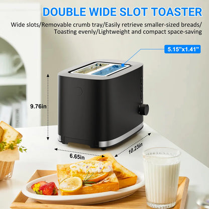Wide Slot 2 Slice Toaster: Bread Toaster with Removable Crumb Tray, Small Toaster, 6 Bread Shade Settings, Auto-Shutoff, Toast Boost, Cord Storage under Base, Black, 900W