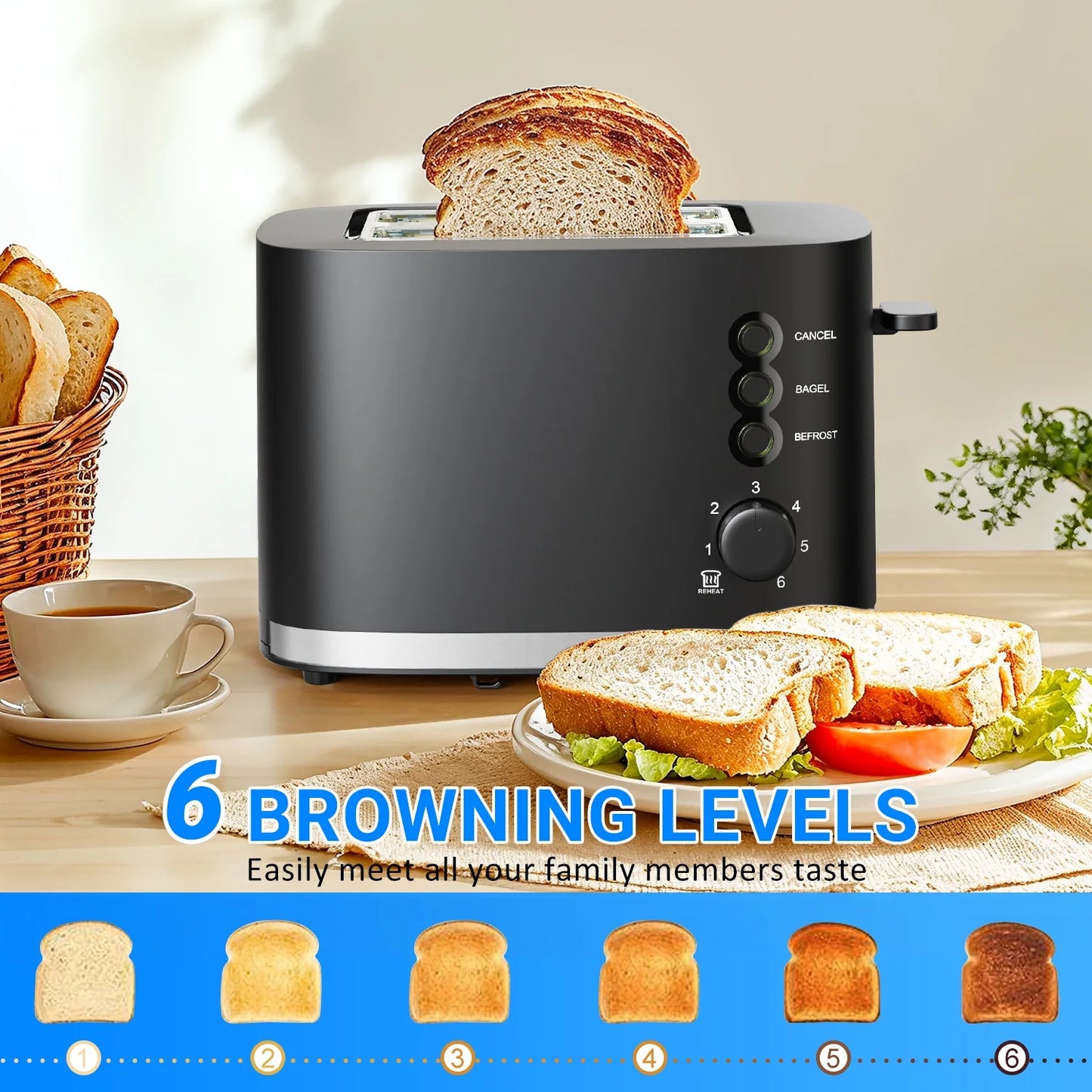 Wide Slot 2 Slice Toaster: Bread Toaster with Removable Crumb Tray, Small Toaster, 6 Bread Shade Settings, Auto-Shutoff, Toast Boost, Cord Storage under Base, Black, 900W
