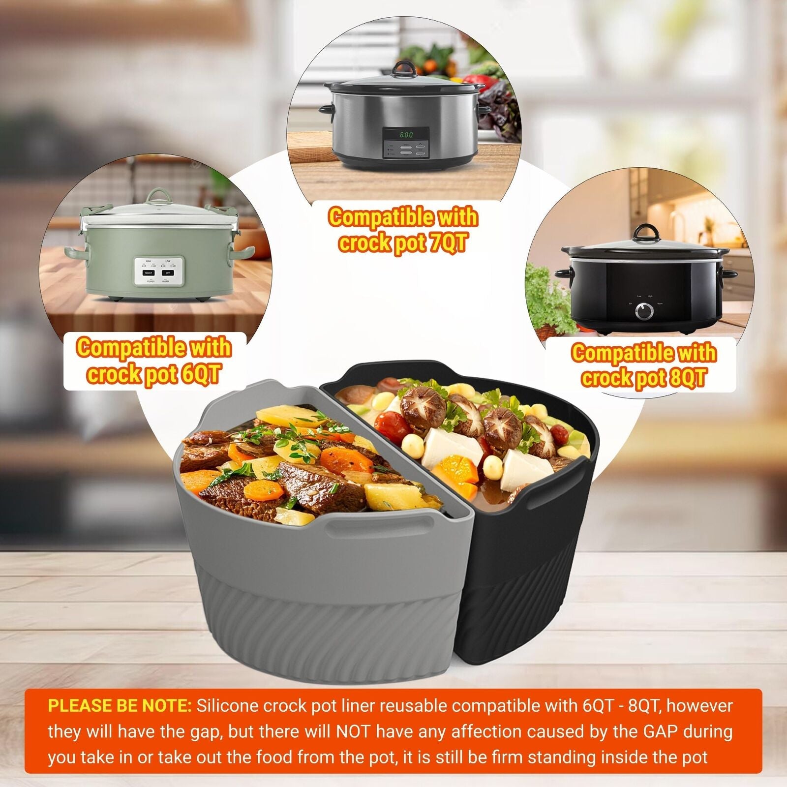 Silicone Slow Cooker Liners Compatible with 6-8Qt Crockpot and Slow Cooker