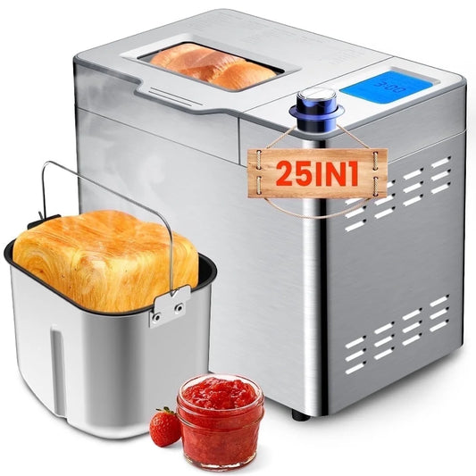 25 in 1 Bread Maker, 2LB Dough & Bread Maker Machine with Auto Fruit and Nut Dispenser, Stainless Steel, Reserve & Keep Warm Set