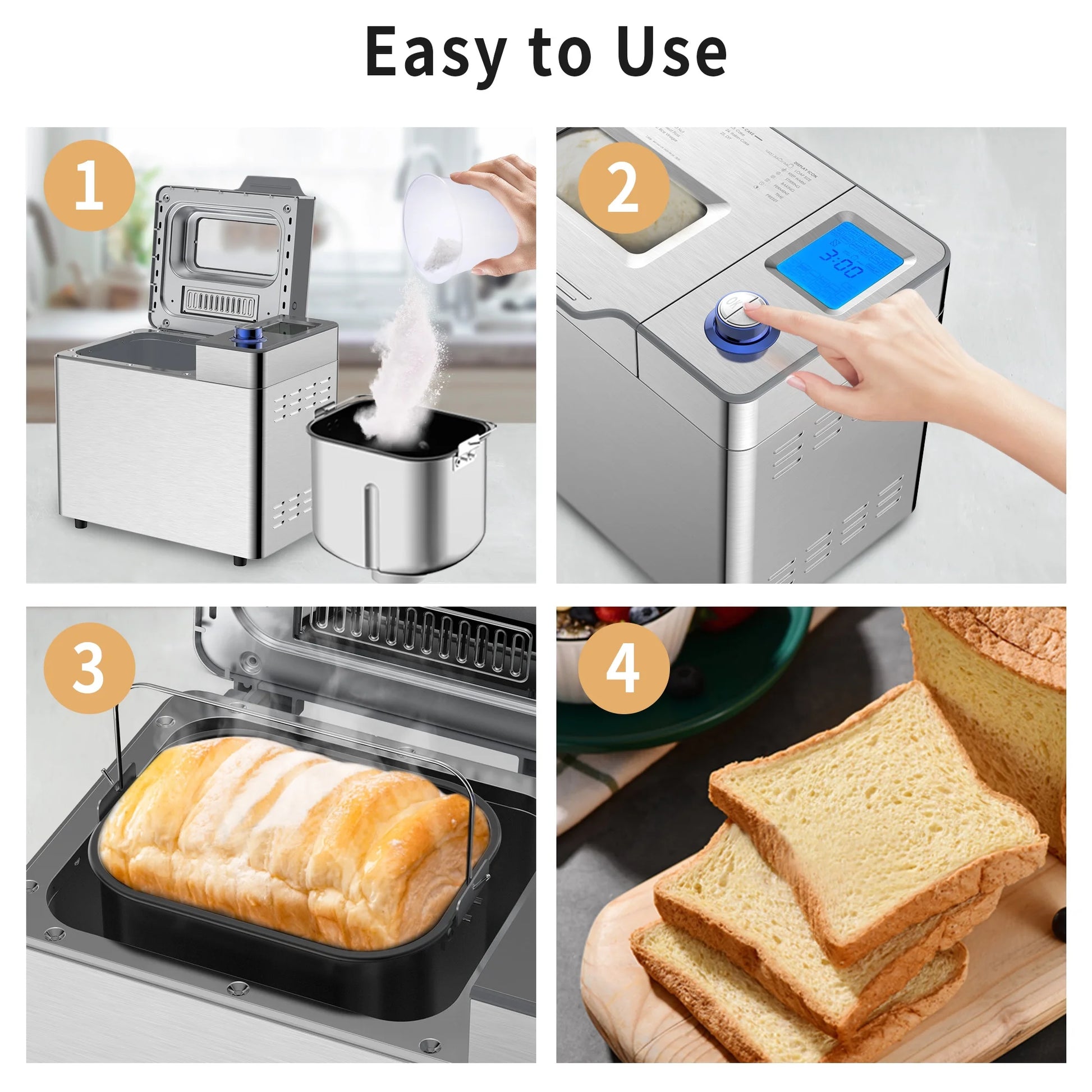 25 in 1 Bread Maker, 2LB Dough & Bread Maker Machine with Auto Fruit and Nut Dispenser, Stainless Steel, Reserve & Keep Warm Set