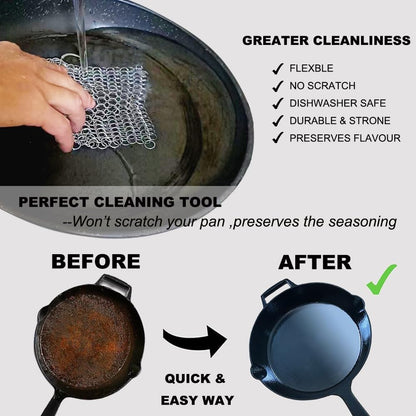 Cast Iron Skillet Cleaner, 316L Stainless Steel Chainmail Scrubber for Cast Iron Pans,Stainless Steel,Glassware,Suitable for Kitchen‘S Cast Iron Scrubber