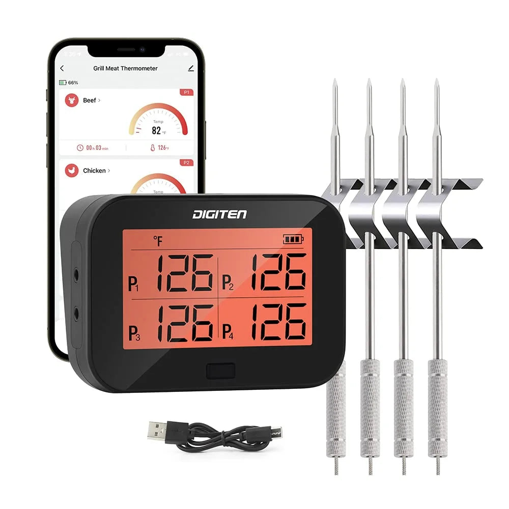 Digital Bluetooth BBQ Grill Meat Thermometer with 4 Probes, Instant-Read Meat Thermometer for Grilling, Temp Alarm Function, Food Thermometer for Kitchen, Beef, Candy, Cheese Making, Turkey, Oven