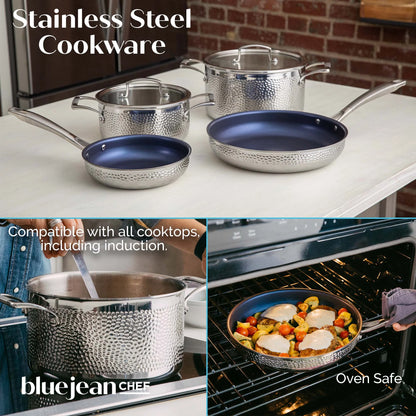 6-Piece Stainless Steel Cookware Set, Hammered Finish, Tri-Ply Construction Clad Cookware, Nonstick; Induction, Oven & Dishwasher Safe