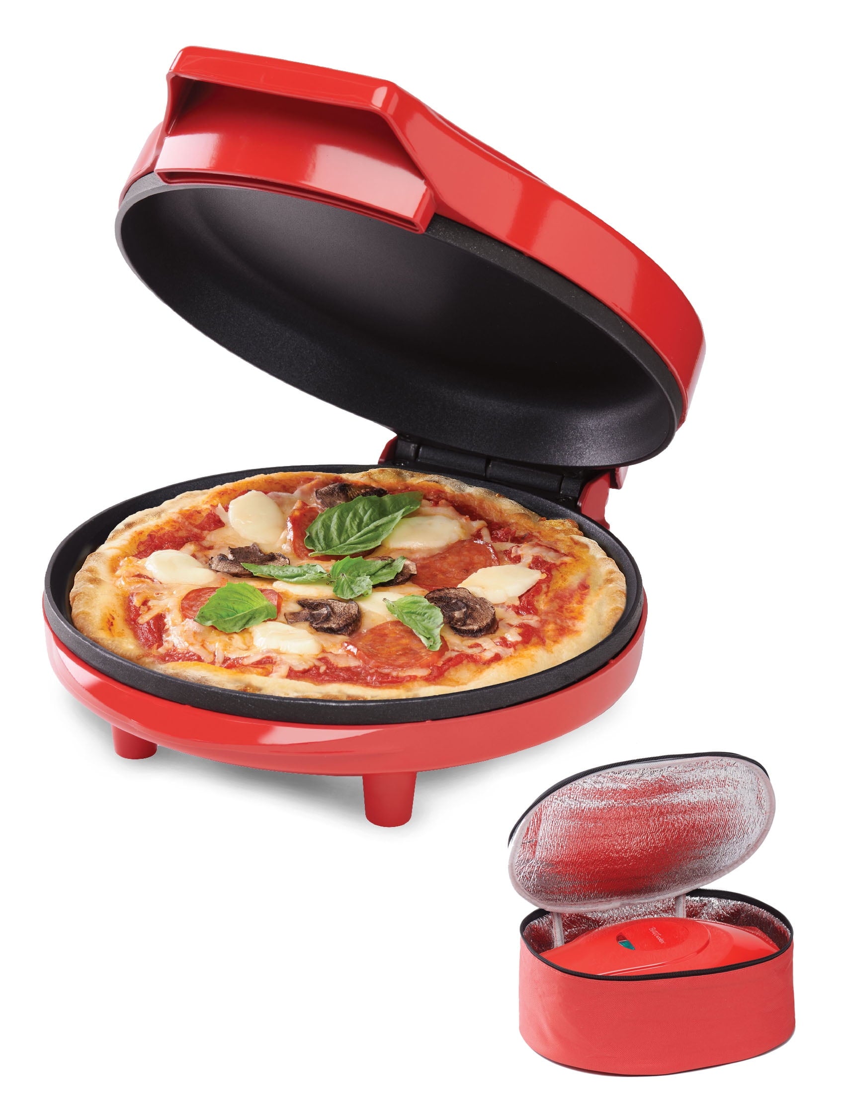 8" Travel Pizza Maker Plus, Indoor Electric Grill with Insulated Travel Bag, Nonstick Pan for Pizzas, Quesadillas, Nachos and More, Pizza Machine for Delicious Meals and Snacks, Red