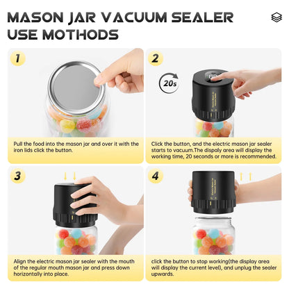 Mason Jar Vacuum Sealer, Electric Cordless Mason Jar Vacuum Sealer for Food Storage and Fermentation, Vacuum Sealer with Can Opener for Wide-Mouth & Regular-Mouth Mason Jars