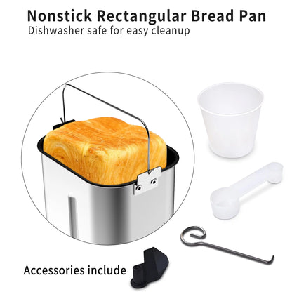 25 in 1 Bread Maker, 2LB Dough & Bread Maker Machine with Auto Fruit and Nut Dispenser, Stainless Steel, Reserve & Keep Warm Set