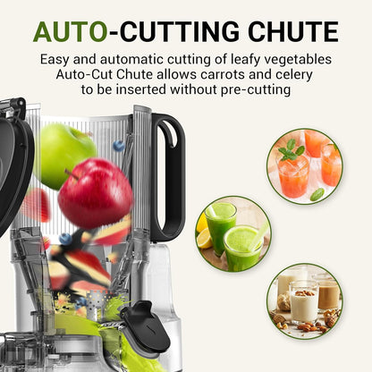 Juicer Machines,  5.3-Inch Self-Feeding Masticating Juicer Fit Whole Fruits & Vegetables, Cold Press Electric Juicer Machines with High Juice Yield, Easy Cleaning, BPA Free, 250W-Silver