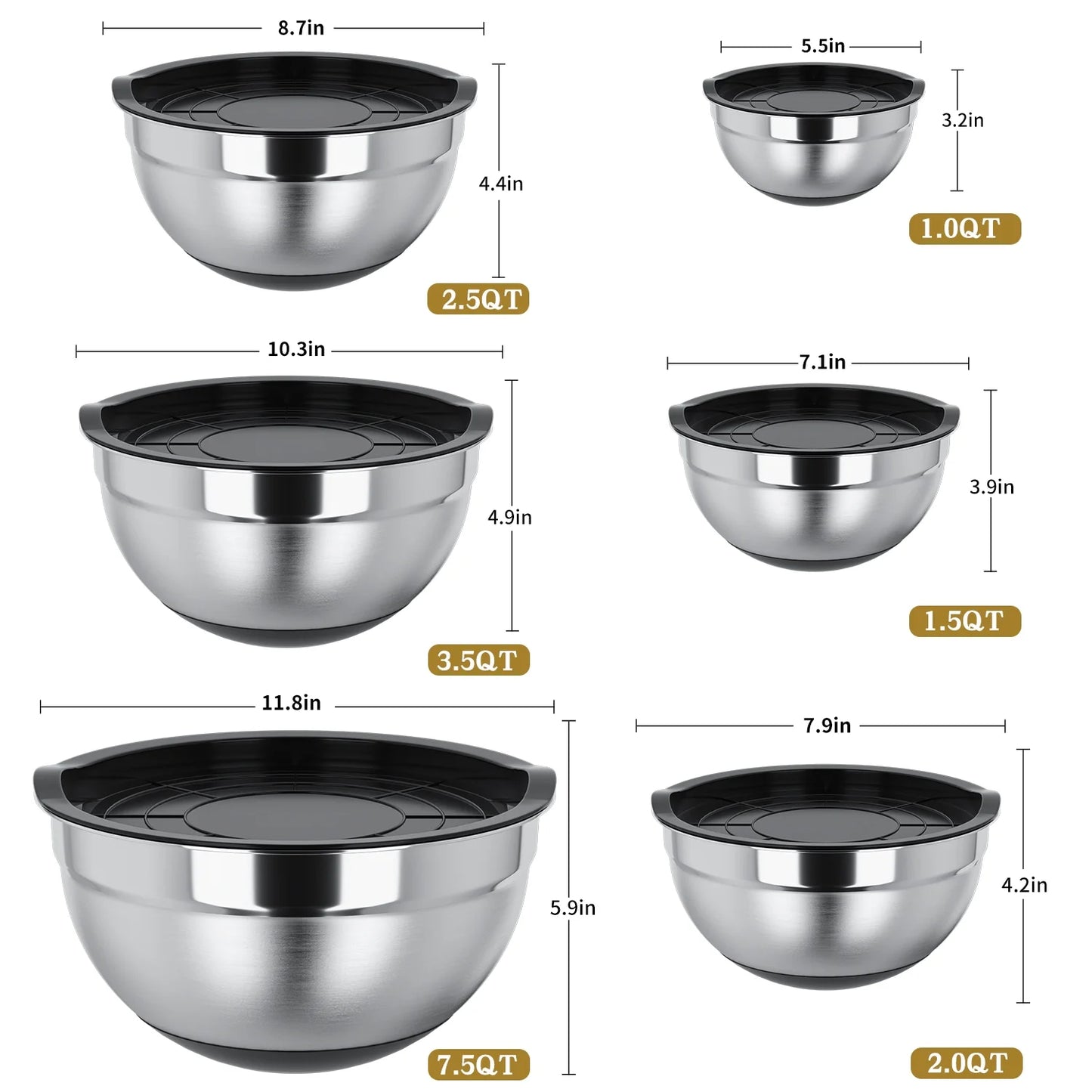 Mixing Bowls with Lids: Stainless Steel Mixing Bowls Set - 6 Piece Metal Nesting Mixing Bowls with Rubber Bottom-Black