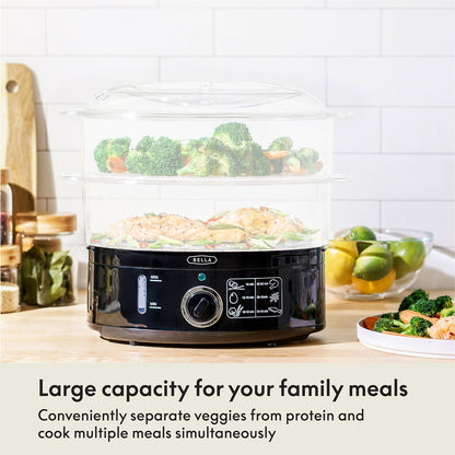 Two Tier Food Steamer with Dishwasher Safe Lids and Stackable Baskets & Removable Base for Fast Simultaneous Cooking - Auto Shutoff & Boil Dry Protection, Stainless Steel, 7.4 QT, Black