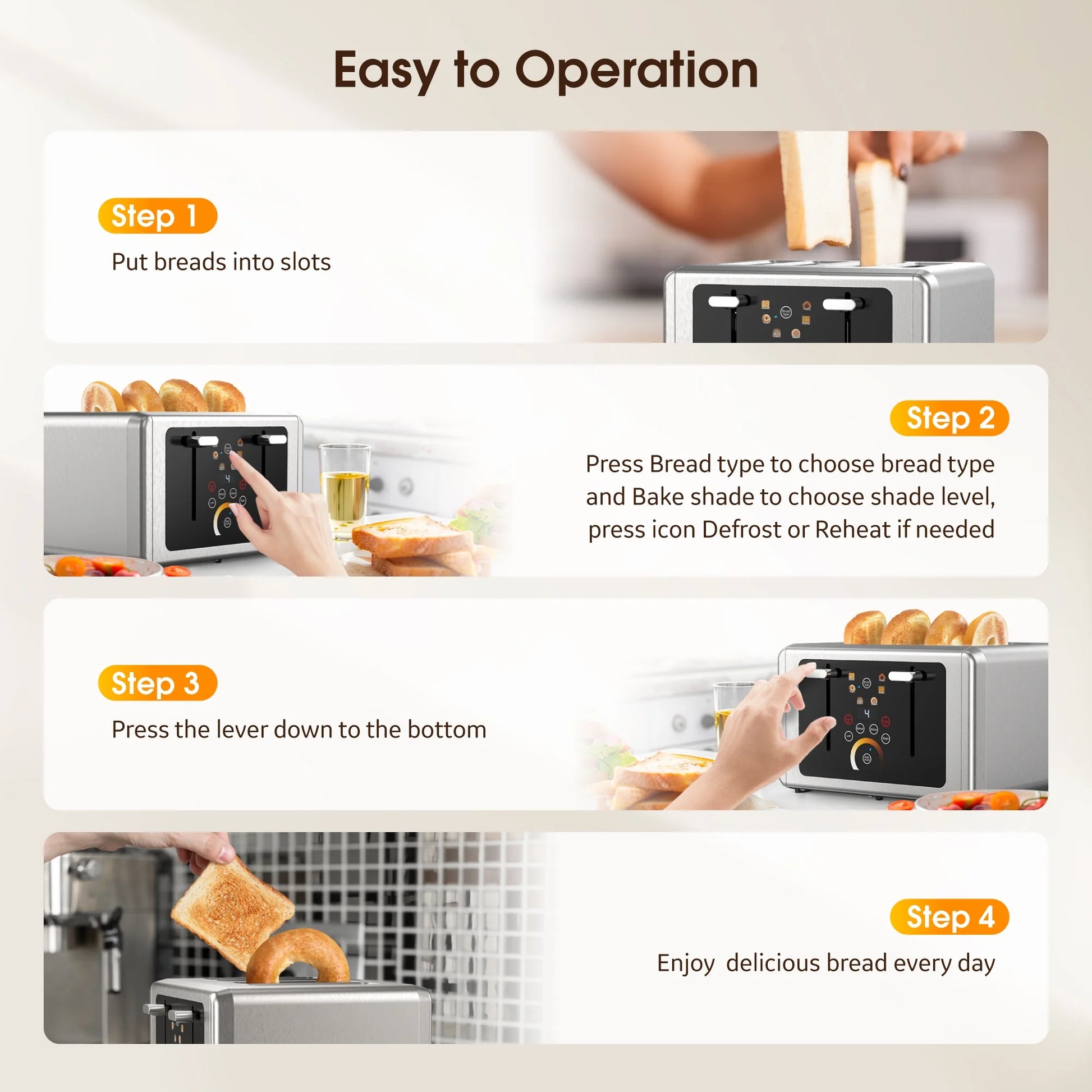 Touchscreen Toaster 4 Slice - Stainless Steel Toaster, 6 Shade Settings, Extra Wide Slots Toaster