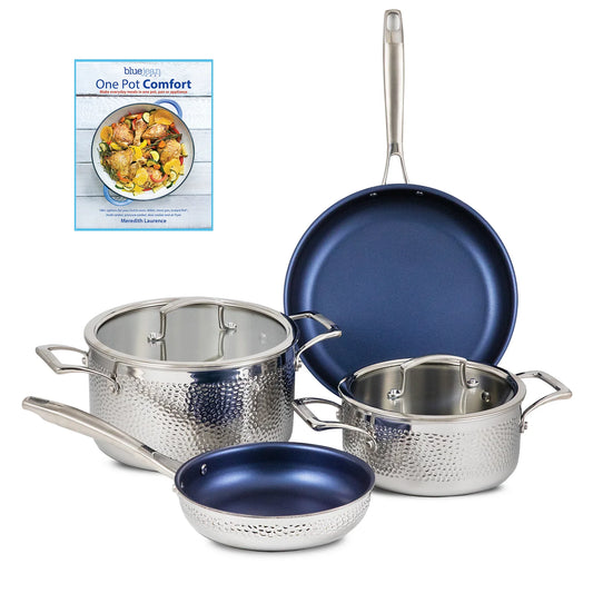 6-Piece Stainless Steel Cookware Set, Hammered Finish, Tri-Ply Construction Clad Cookware, Nonstick; Induction, Oven & Dishwasher Safe