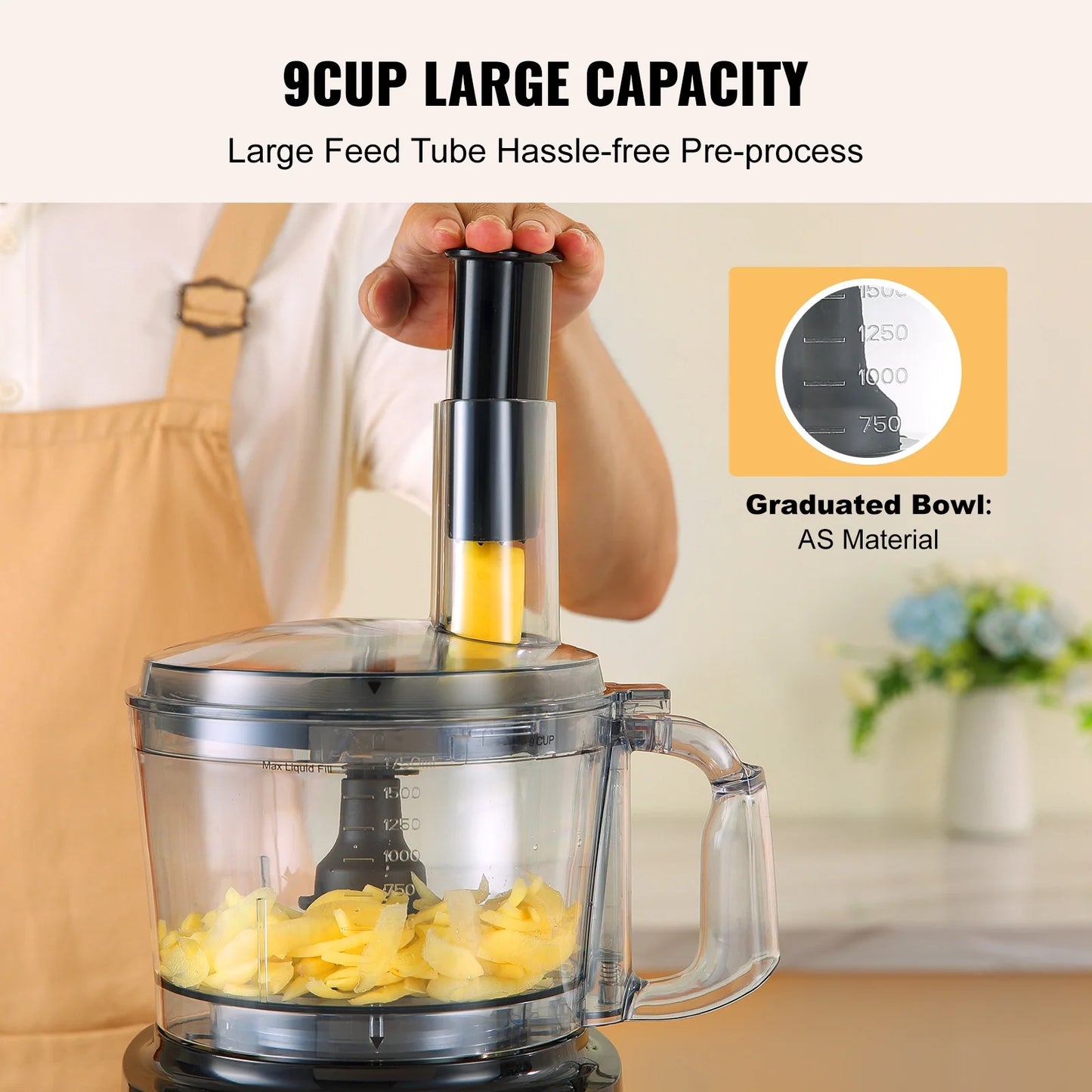 BENTISM 9-Cup 600W Food Processor Vegetable Chopper for Shredding Slicing Kneading