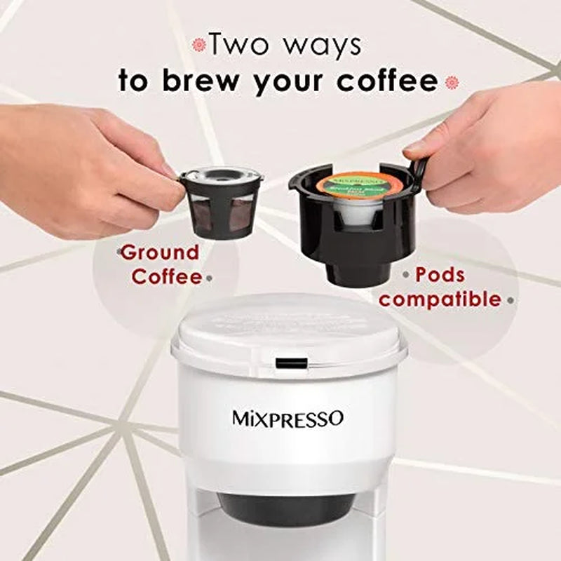 2 in 1 Brewer Single Serve Coffee Maker for K Capsule and Ground Coffee, Single Cup Coffee Machine, Compact Size Mini Coffee Maker Quick Brew Technology 14Oz White One Cup Coffee Maker