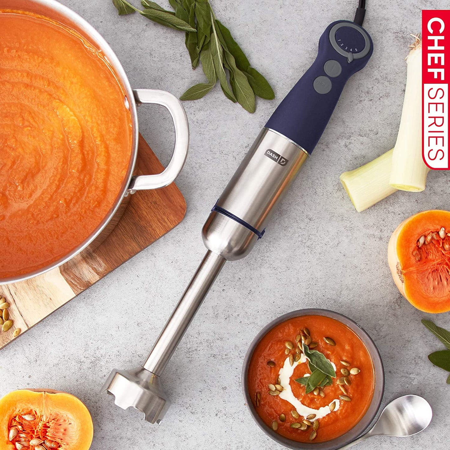 Chef Series Deluxe Immersion Hand Blender, 5 Speed Stick Blender, Stainless Steel Blades, Dough Hooks, Food Processor, Grate, Mash, Slice, Whisk Attachments – Midnight - New