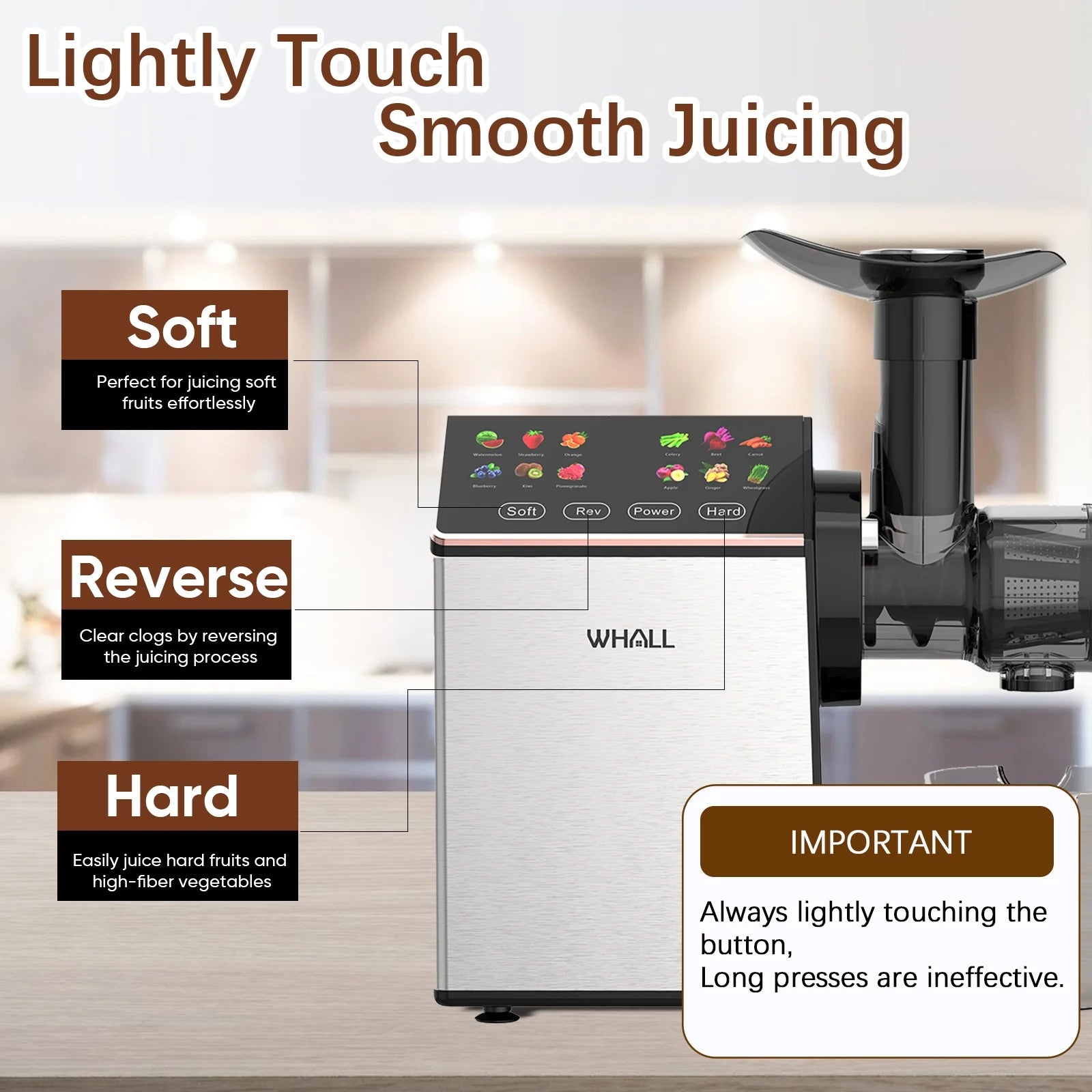 Masticating Slow Juicer Machine - Touchscreen Cold Press Juicer Machines with Quiet Motor & Reverse Function