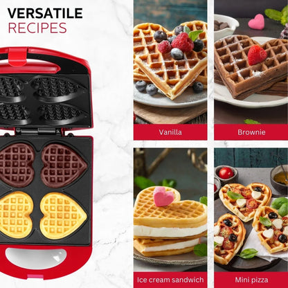 Non-Stick Heart Waffle Maker, Red, 4-Section Heart Shaped Waffle Maker, Red