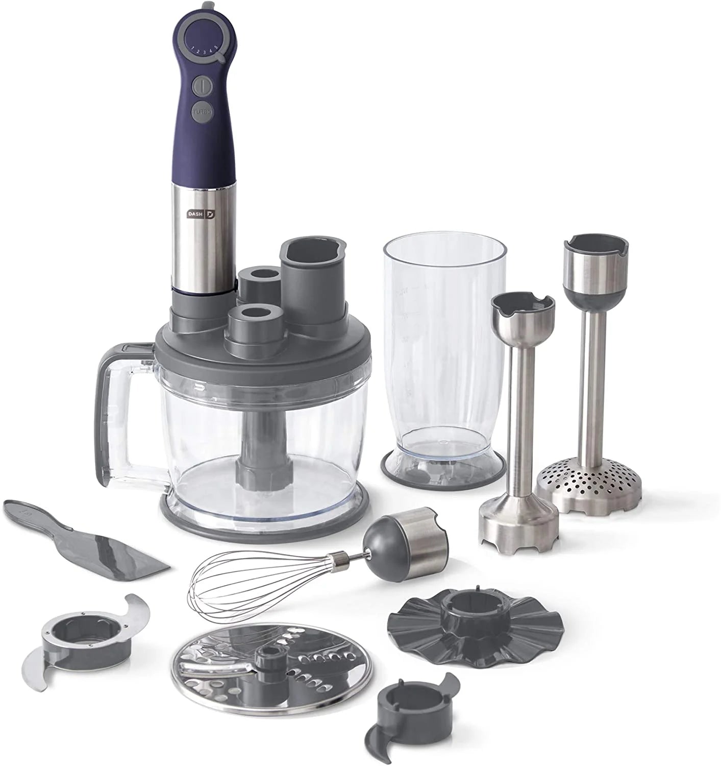 Chef Series Deluxe Immersion Hand Blender, 5 Speed Stick Blender, Stainless Steel Blades, Dough Hooks, Food Processor, Grate, Mash, Slice, Whisk Attachments – Midnight - New