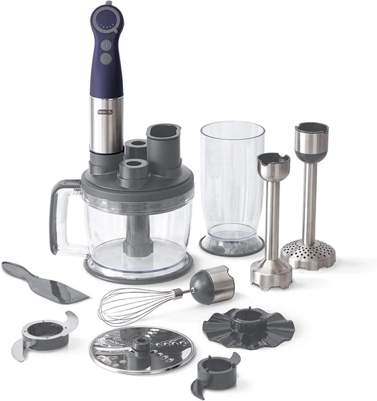 Chef Series Deluxe Immersion Hand Blender, 5 Speed Stick Blender, Stainless Steel Blades, Dough Hooks, Food Processor, Grate, Mash, Slice, Whisk Attachments – Midnight - New