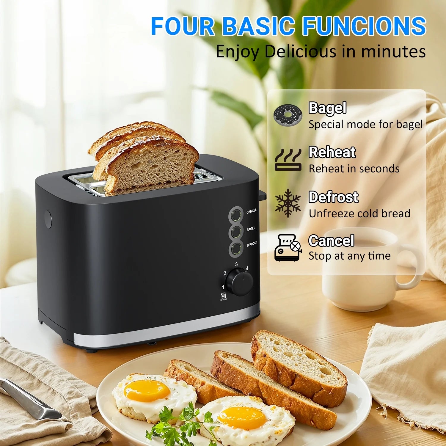 Wide Slot 2 Slice Toaster: Bread Toaster with Removable Crumb Tray, Small Toaster, 6 Bread Shade Settings, Auto-Shutoff, Toast Boost, Cord Storage under Base, Black, 900W