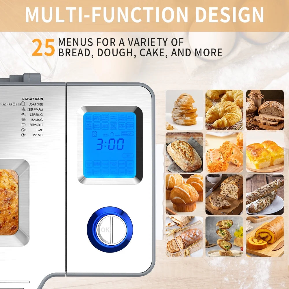 25 in 1 Bread Maker, 2LB Dough & Bread Maker Machine with Auto Fruit and Nut Dispenser, Stainless Steel, Reserve & Keep Warm Set