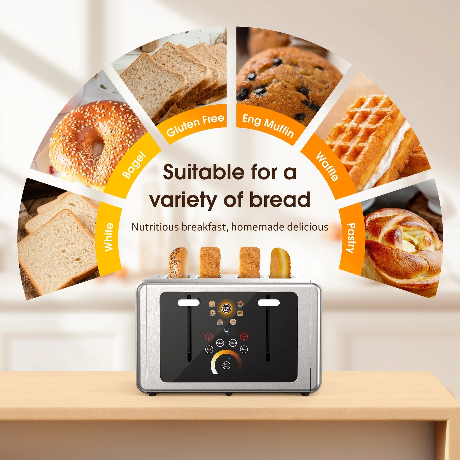 Touchscreen Toaster 4 Slice - Stainless Steel Toaster, 6 Shade Settings, Extra Wide Slots Toaster
