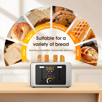 Touchscreen Toaster 4 Slice - Stainless Steel Toaster, 6 Shade Settings, Extra Wide Slots Toaster