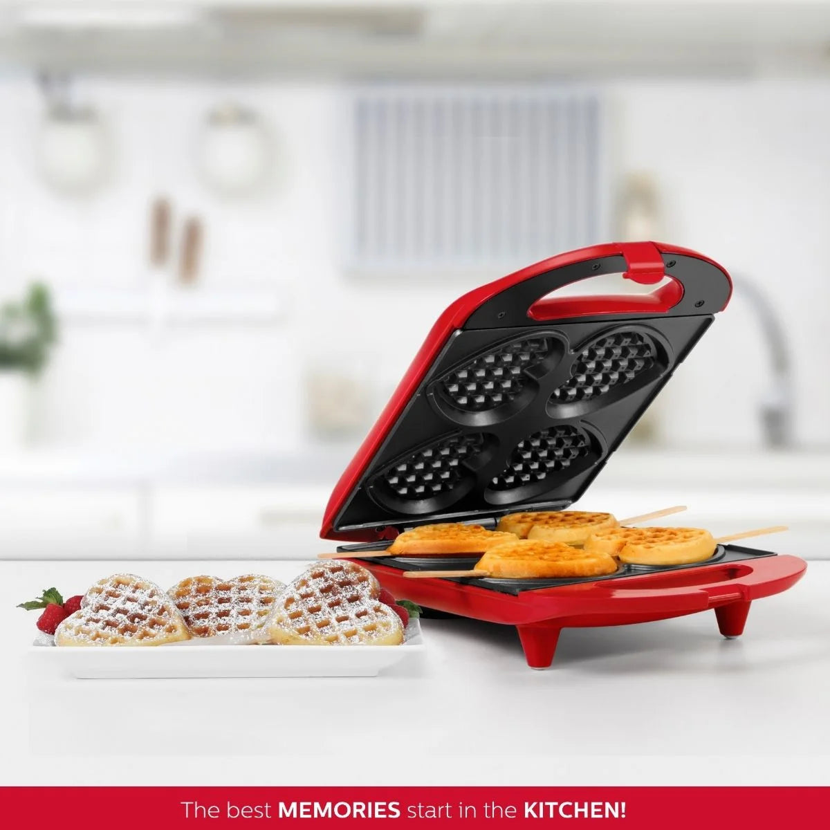 Non-Stick Heart Waffle Maker, Red, 4-Section Heart Shaped Waffle Maker, Red