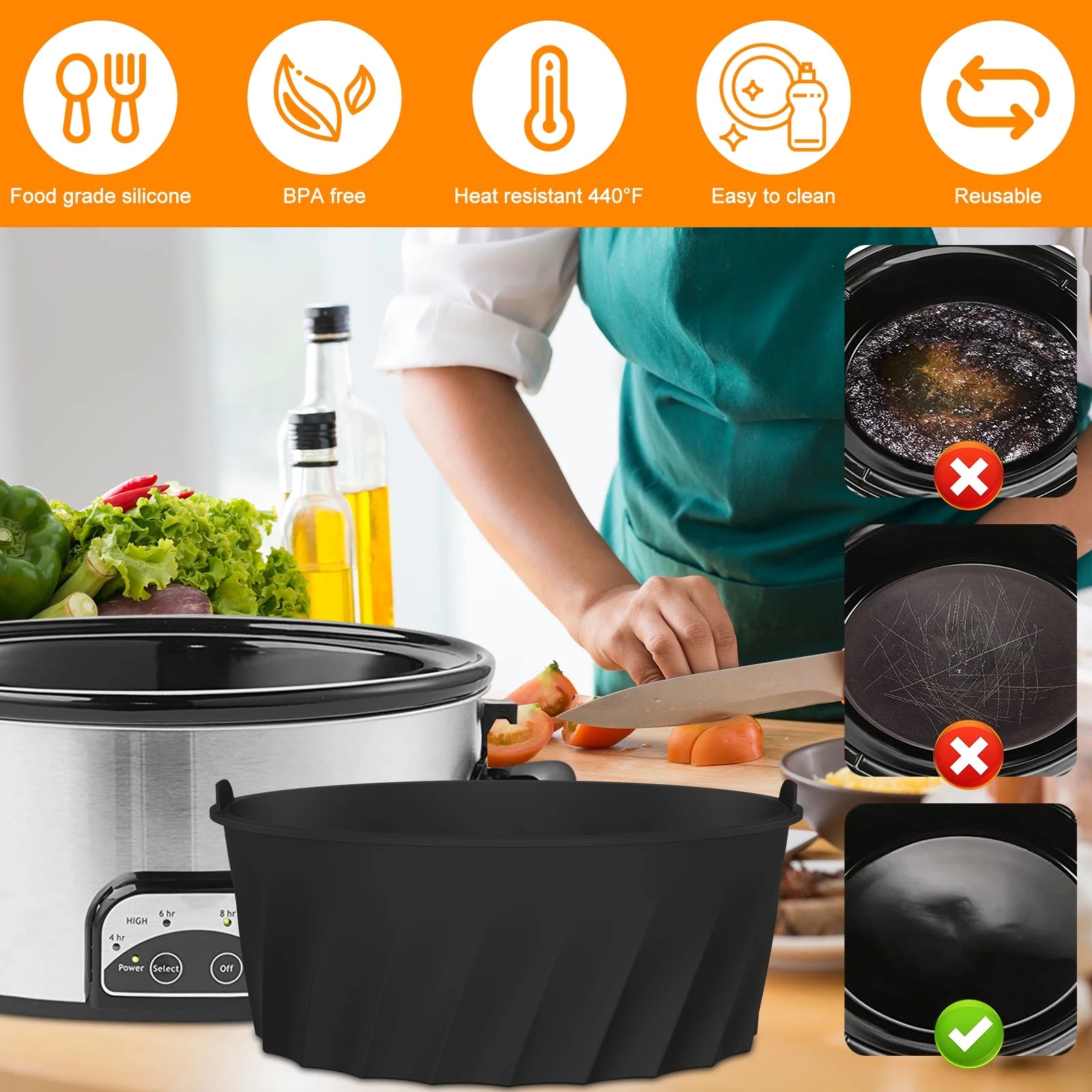 Silicone Slow Cooker Liner for 7-8QT Pot Slow Cooker Silicone Insert Leakproof Heat Resistant Dishwasher Safe Silicone Cooking Liner