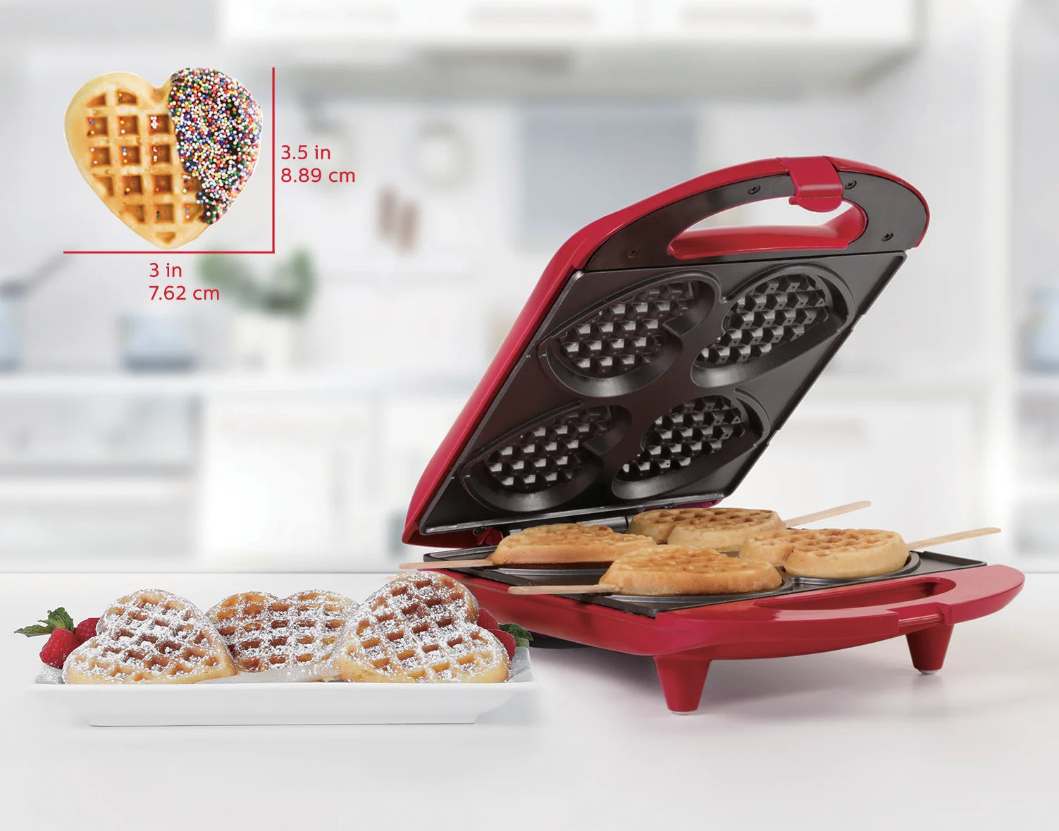 Non-Stick Heart Waffle Maker, Red, 4-Section Heart Shaped Waffle Maker, Red