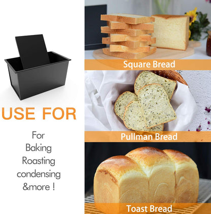 Loaf Pan with Lid, Non-Stick Bakeware Carbon Steel Bread Rectangle Flat Toast with Cover for Baking Bread - Black