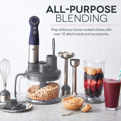 Chef Series Deluxe Immersion Hand Blender, 5 Speed Stick Blender, Stainless Steel Blades, Dough Hooks, Food Processor, Grate, Mash, Slice, Whisk Attachments – Midnight - New