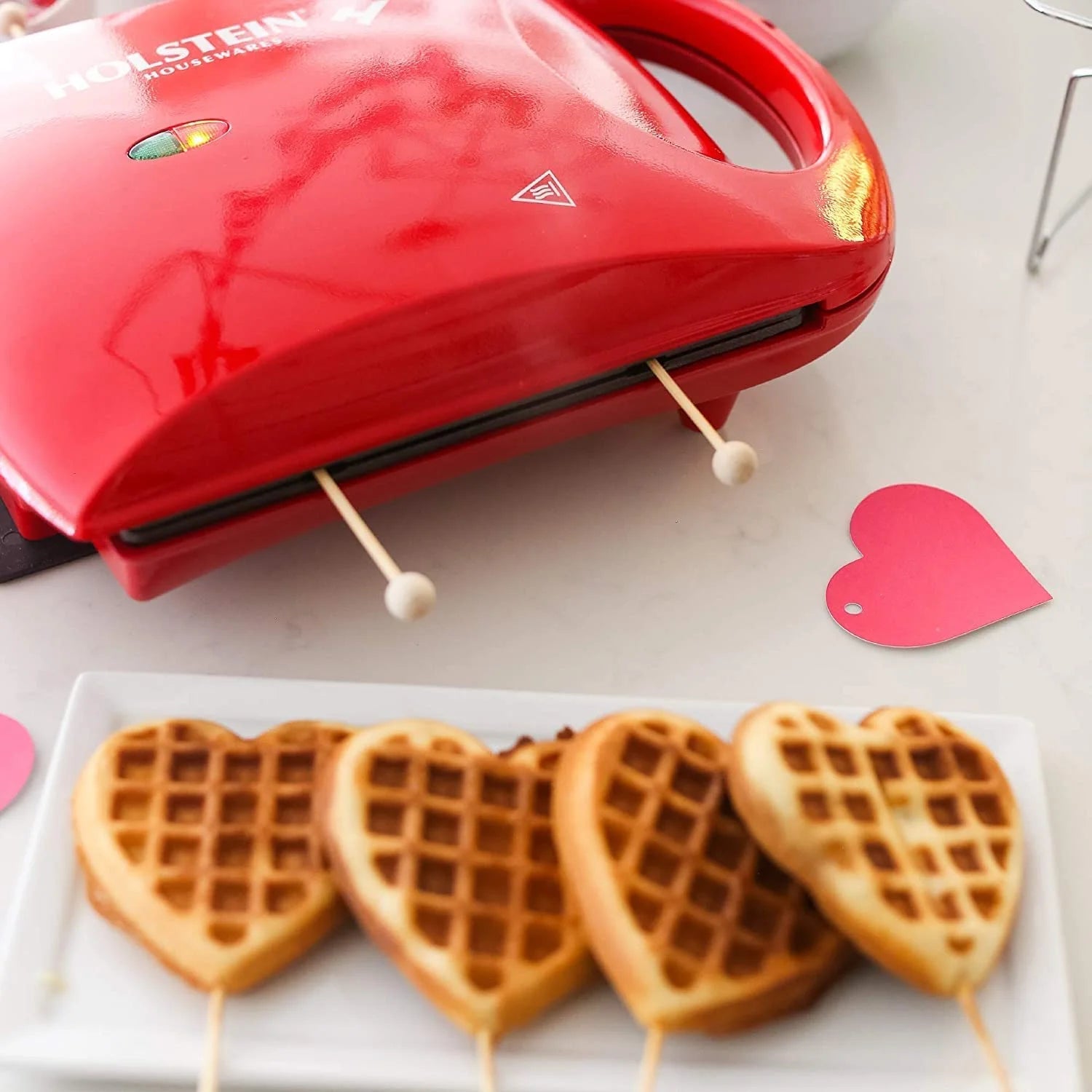 Non-Stick Heart Waffle Maker, Red, 4-Section Heart Shaped Waffle Maker, Red