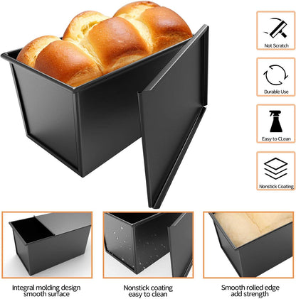 Loaf Pan with Lid, Non-Stick Bakeware Carbon Steel Bread Rectangle Flat Toast with Cover for Baking Bread - Black