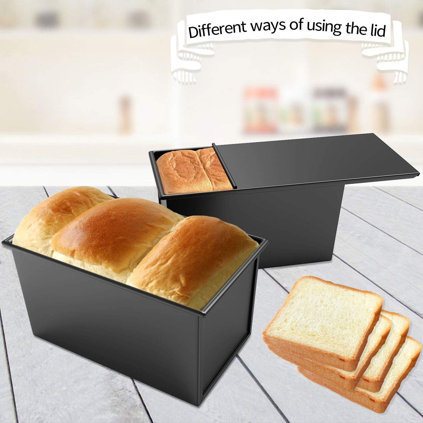 Loaf Pan with Lid, Non-Stick Bakeware Carbon Steel Bread Rectangle Flat Toast with Cover for Baking Bread - Black