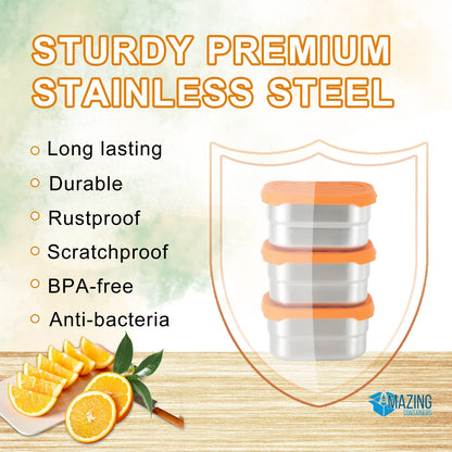 , Dips Condiment Containers, Stainless Steel Food Snack Containers for Kids | Leak Proof 304 Stainless Steel Food Containers with Silicone Lids - Set of 3 (8 Oz Each)