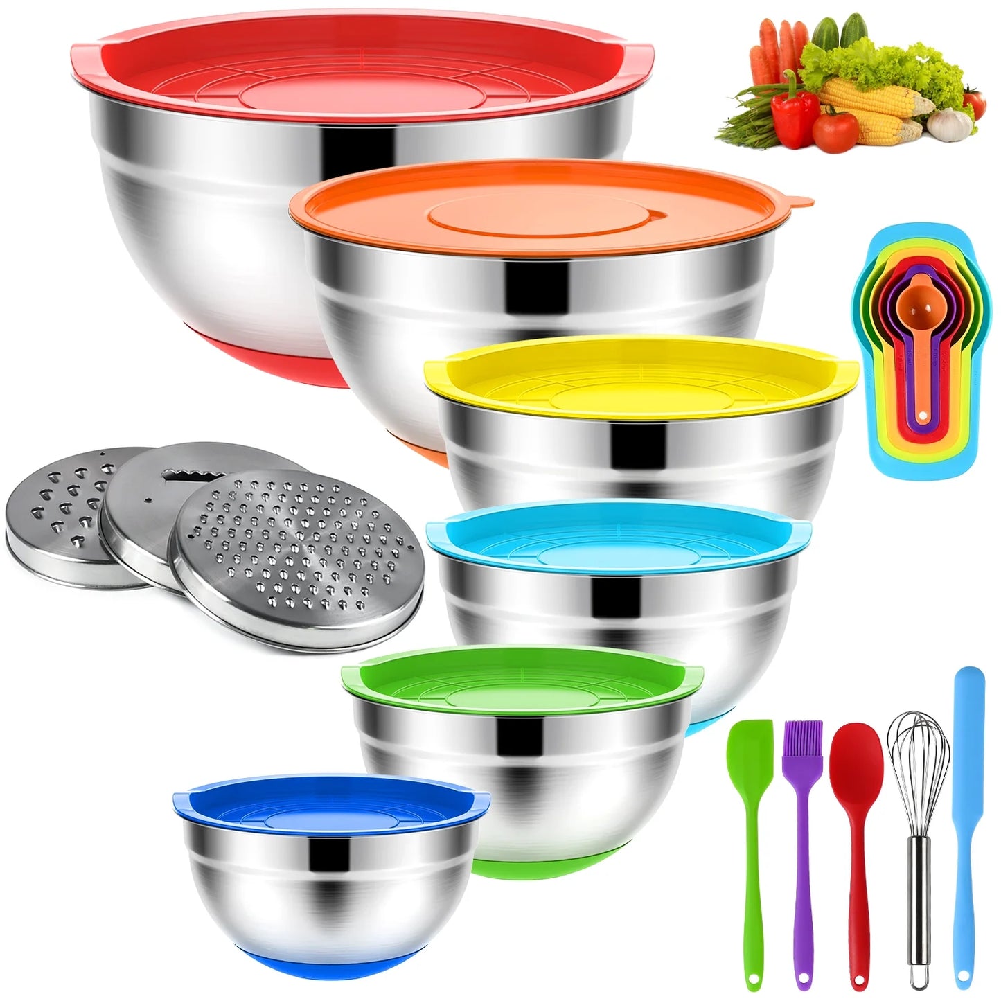 Mixing Bowls with Lids: 20 Pcs Stainless Steel Mixing Bowls Set with Rubber Bottom, 7, 4, 3.5, 2.5, 2, 1.5QT Metal Mixing Bowls for Kitchen, Multi-Color